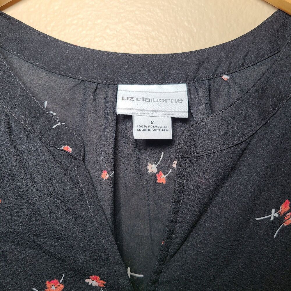 Liz Claiborne Women’s Size Medium Black Sheer V-Neck Tie Sleeve Floral Blouse - Picture 6 of 9